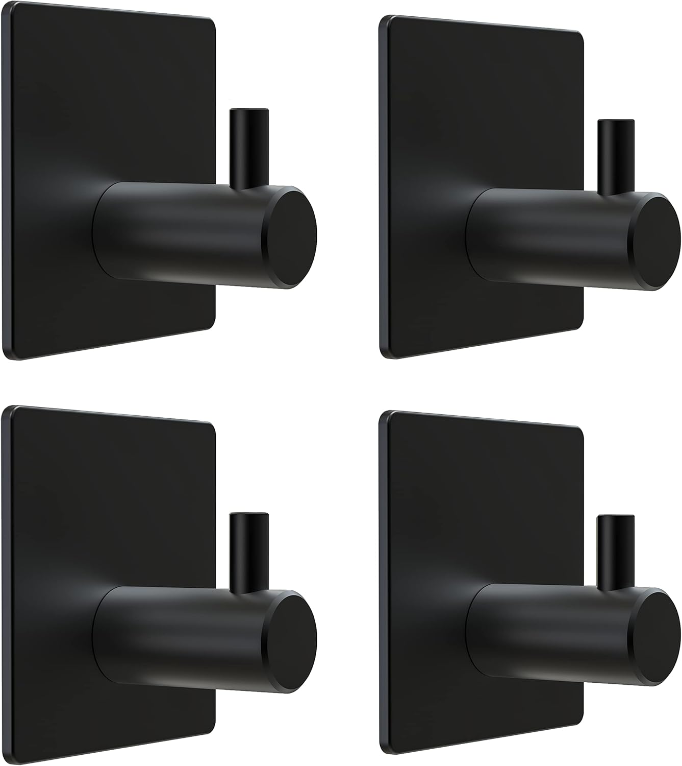 Matte Black Self Adhesive Towel Hooks for Bathroom Wall Door Mounted - SUS304 Stainless Steel Strong Strips Stick on 3M Wall Hooks for Hanging Coat, Hat, Bag, Key, Jacket – 4 Pack