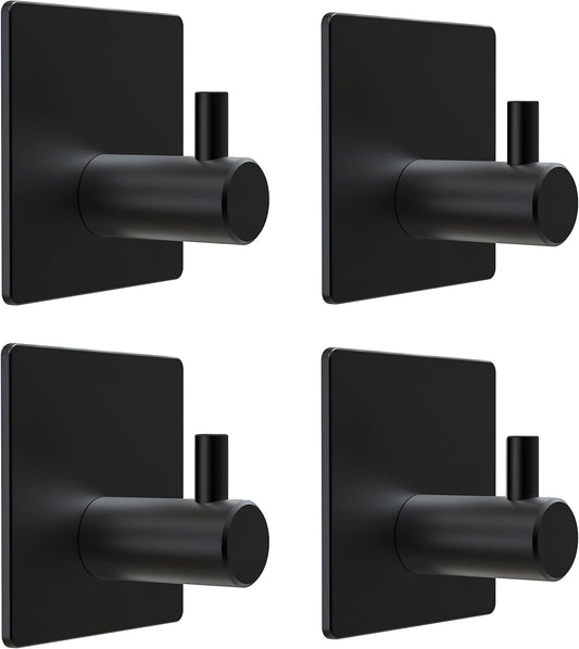 Matte Black Self Adhesive Towel Hooks for Bathroom Wall Door Mounted - SUS304 Stainless Steel Strong Strips Stick on 3M Wall Hooks for Hanging Coat, Hat, Bag, Key, Jacket – 4 Pack