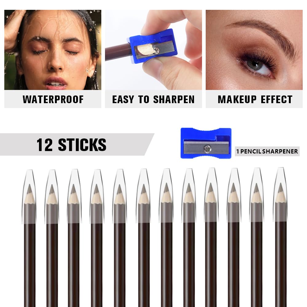 12Pcs Long Eyebrow Pencils Set, Dark Brown Natural Look, for Eyebrows & Eyeliner,Waterproof & Sweat-Proof Wooden Hard-Core Brow Pencil with Sharpener,Long Lasting Makeup Kit for Beginners 105#