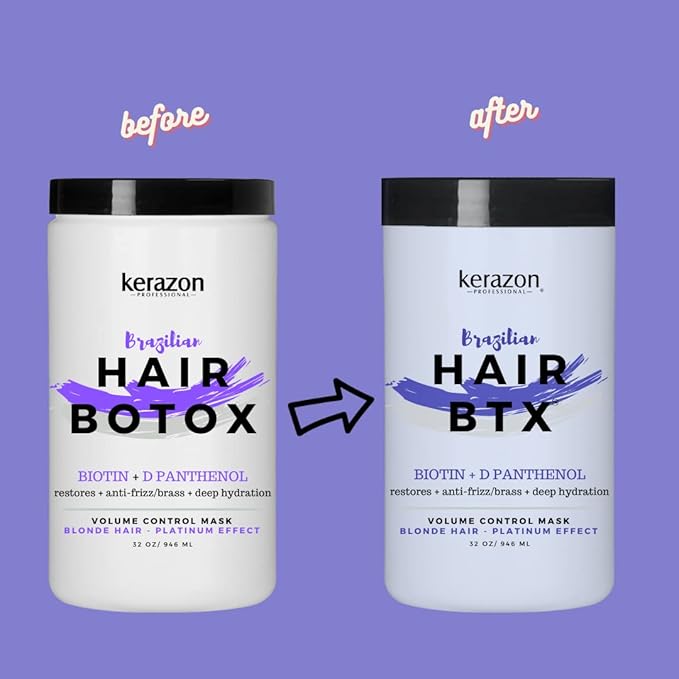 KERAZON Blonde Brazilian Hair BTX Treatment Purple Mask Platinum Effect & Silver Hair Providing Smoothing, Deep Hydration, Anti-Brass, Shine, Softness, Volume And Frizz Control. Salon Size.