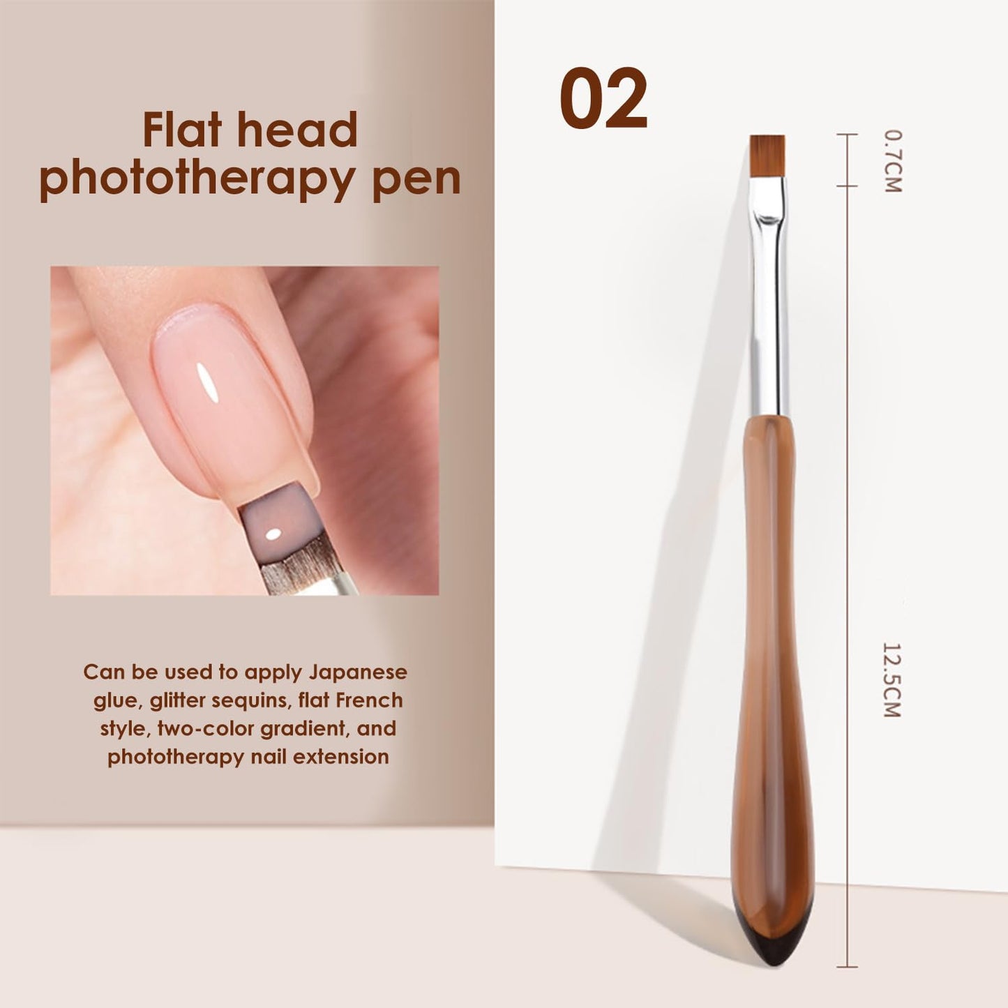 Flat Head Nail Art Brush Phototherapy Pen for Gel Polish, Glitter, French Tips, Two-Tone Gradients, and LED/UV Nail Extensions, 02
