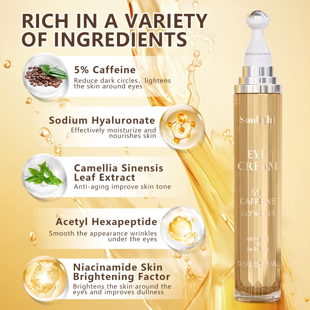 Soulight 5% Caffeine Eye Serum for Dark Circles, Eye Cream Anti Aging Puffiness & Wrinkles - Brightening Under Eyes Treatment with Hyaluronic Acid & Niacinamide - Hydrating & Firming