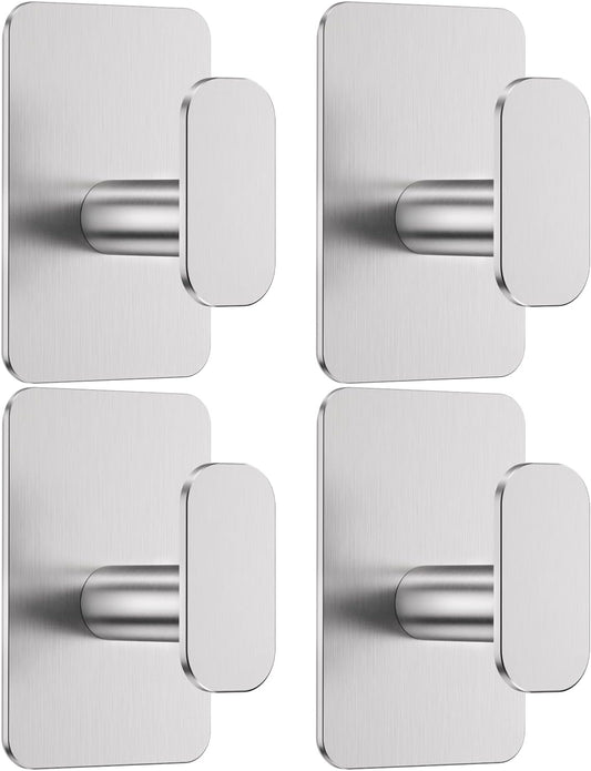 Heavy Duty Self Adhesive Hooks - 26lb Max, Sticky Wall Hooks Stainless Steel for Hanging Towel, Coat, Robe, Waterproof & Rustproof Hooks Stick on Bathroom, Shower, Kitchen(Silver, 4 Pack)