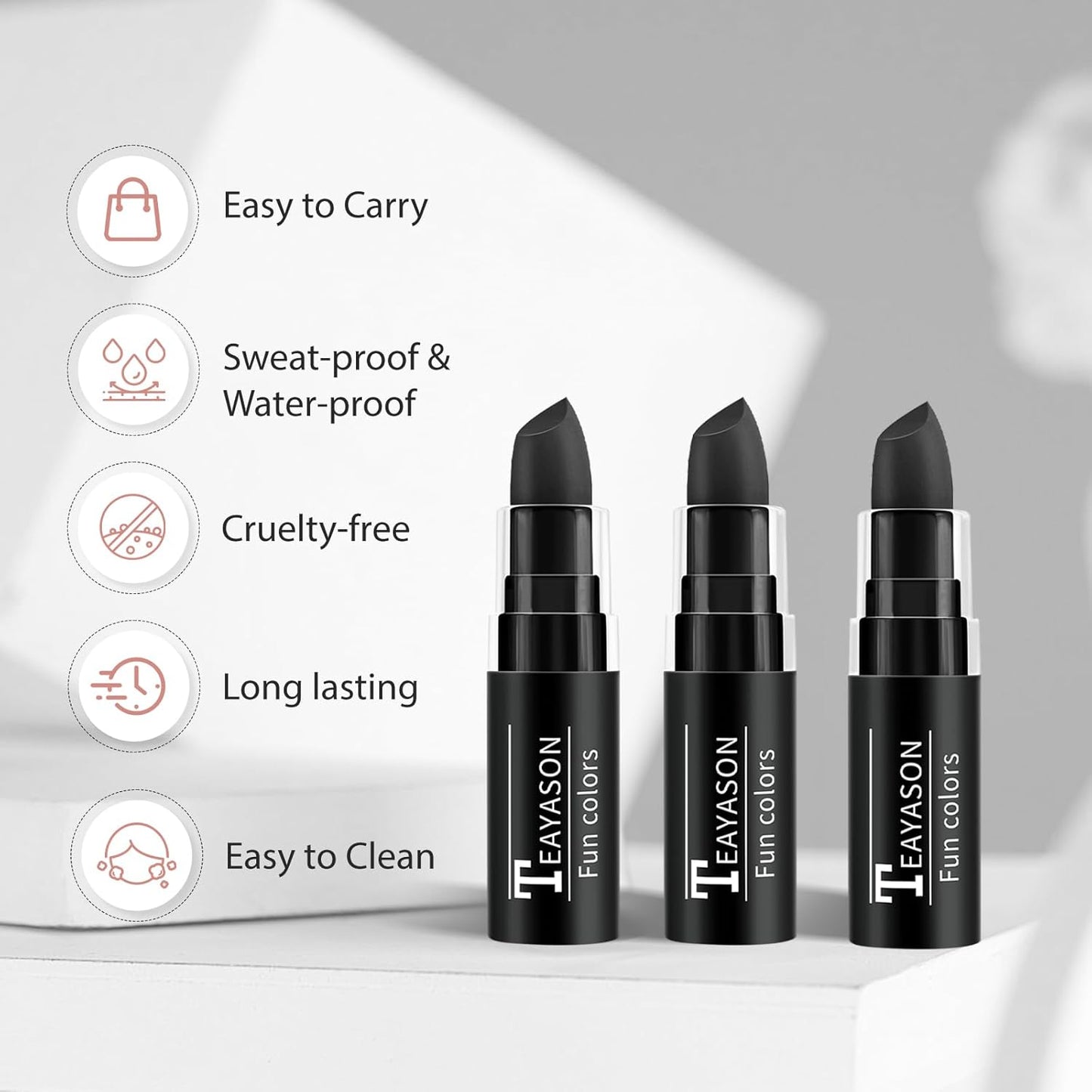 3PCS Eye Black Stick Face Body Paint Stick, Matte Black Lipstick, Long Lasting Waterproof Face Makeup for Halloween Zombie Clown Vampire Skeleton Skull Joker Cosplay Makeup Football Baseball Sport