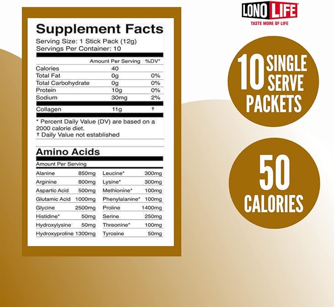 LonoLife - Vanilla Flavored Collagen Peptides with 10g Protein, Paleo and Keto Friendly, Portable Individual Packets, 10 Servings, 10 Count - Packaging May Vary