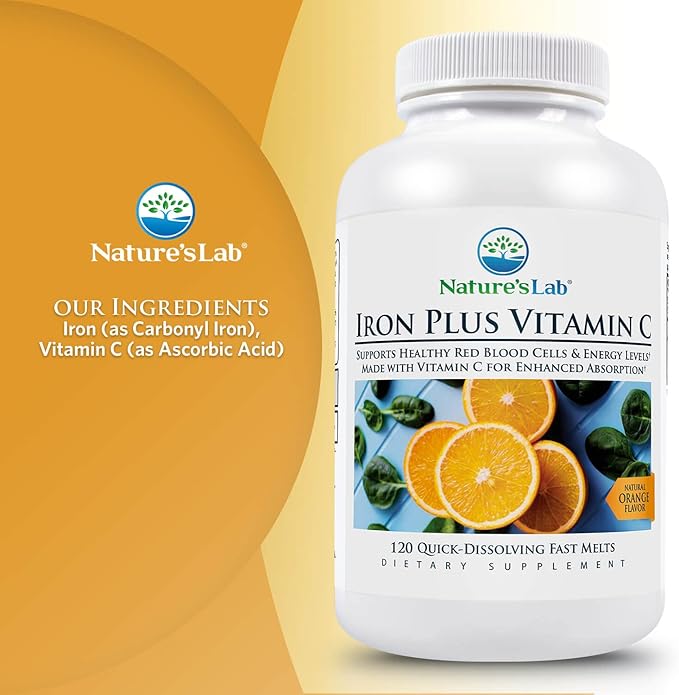 Nature's Lab Iron Plus Vitamin C Fast Melt Tablets - Gentle on the Stomach Carbonyl Iron, High Absorption for Healthy Red Blood Cells* - 120 Tablets
