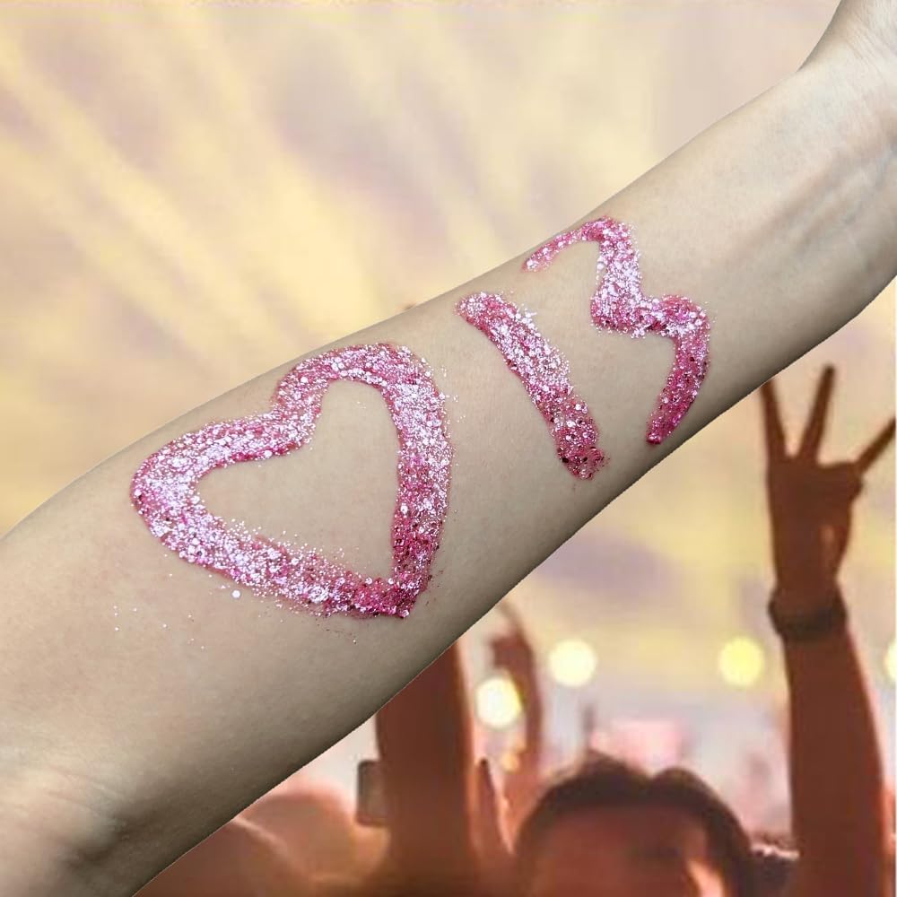 Mysense Pink Body Glitter Gel, Singer Concert Outfits Face Hair Glitter Makeup, Music Festival Rave Accessories, Chunky Glitter Mermaid Sequins, Sparkling Face Paint for Women Girls, 30g