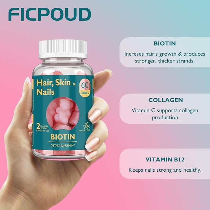 Hair Skin and Nails Gummies -Vegan Vitamins B7, Supports Hair Growth and Stronger Nails for Women & Men, Healthy Skin, 30 Day Supply, 60 Count, Strawberry Flavor