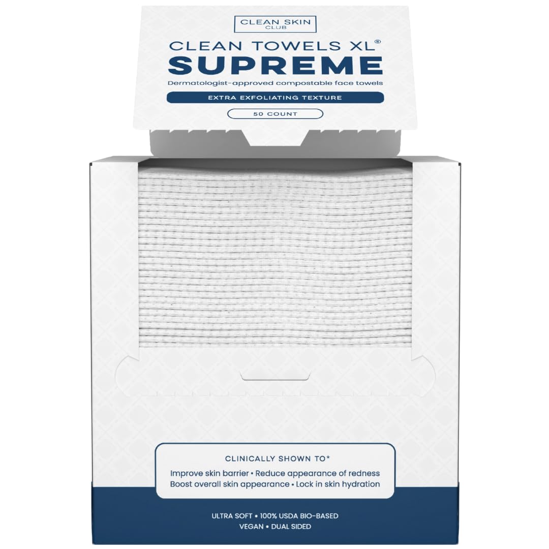 Clean Skin Club Clean Towels XL® Supreme, 100% USDA Biobased Face Towel, Disposable Face Towelette, Eczema Association Accepted, Thicker Textured Makeup Remover Dry Wipes, 1 Pack, 50 Ct