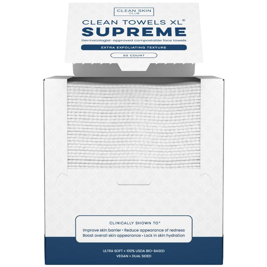 Clean Skin Club Clean Towels XL® Supreme, 100% USDA Biobased Face Towel, Disposable Face Towelette, Eczema Association Accepted, Thicker Textured Makeup Remover Dry Wipes, 1 Pack, 50 Ct