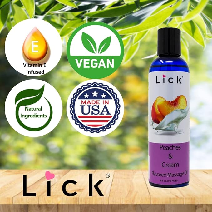 Peaches and Cream Flavored Massage Oil with Vitamin E, Vegan Edible Body Massage Oil for Women and Men with Sweet Almond Oil, Relaxing and Non Sticky Full Body Massages 4 oz