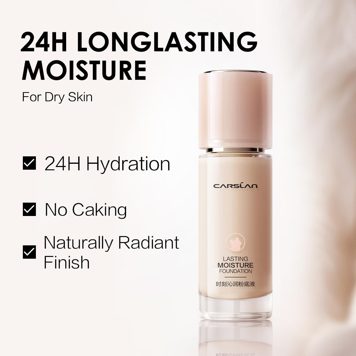 CARSLAN Lasting Moisture Foundation, 24H Longlasting Medium Coverage Dewy Finish Face Makeup, Poreless, Lightweight, Hydrating Liquid Foundation For Dry Skin, N01