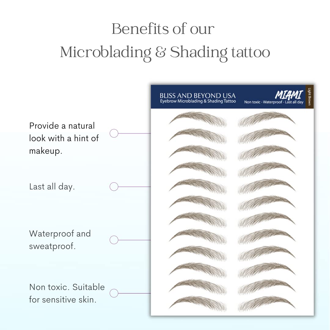 Bliss and Beyond USA 2 Sheets Long Lasting Natural Looking Eyebrow Tattoo Stickers for Alopecia, Chemo, Cancer Gift - Waterproof, Same Size (Natural Miami, Light Brown)