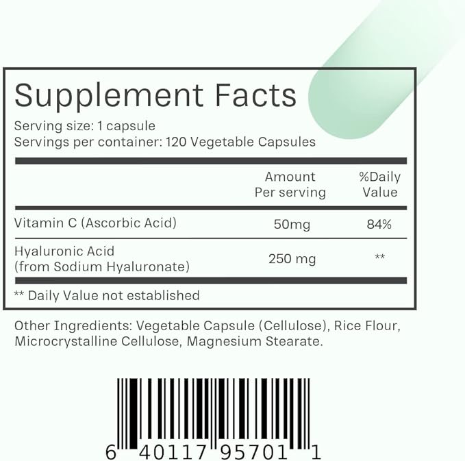 Hyaluronic Acid 250mg with 50mg Vitamin C per Capsule - 120 Veggie Capsules - Supports Skin Hydration, Youthful Skin, Joints Lubrication