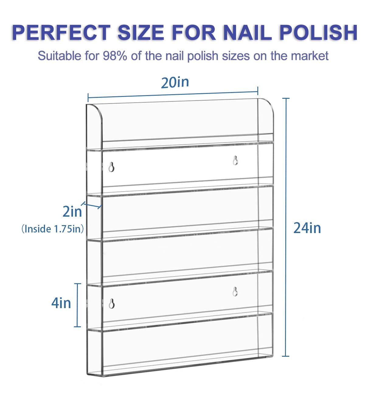 FEMELI 20 * 24 Inch Nail Polish Wall Racks 1 Pack, Hold Up to 120 Bottles,Clear Acrylic Nail Polish Shelf Organizer Wall Mounted 6 Rows (1)