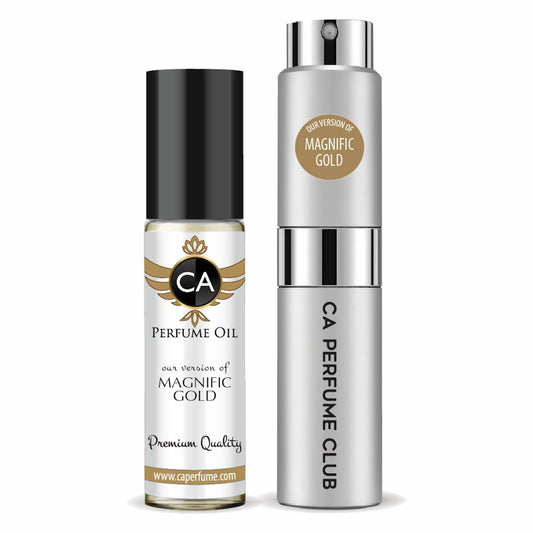 CA Perfume Duo Impression of Magnific Gold For Women And Men Perfume Layering Set Long Lasting Travel Size EDP + Body Oil Roll-On Bottle 0.27 Fl Oz+0.33 Fl Oz