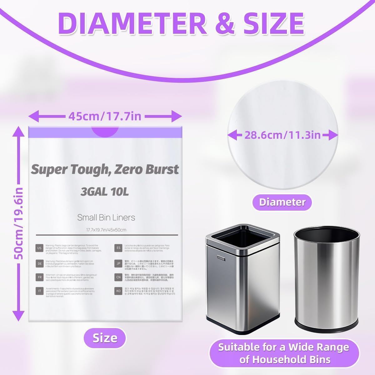 OKKEAI 3 Gallon Small Trash Bags with Drawstring, 64 Count Bathroom Garbage Bags – Leak-Proof Tear-Resistant Wastebasket Liners for Bathroom, Kitchen, Office