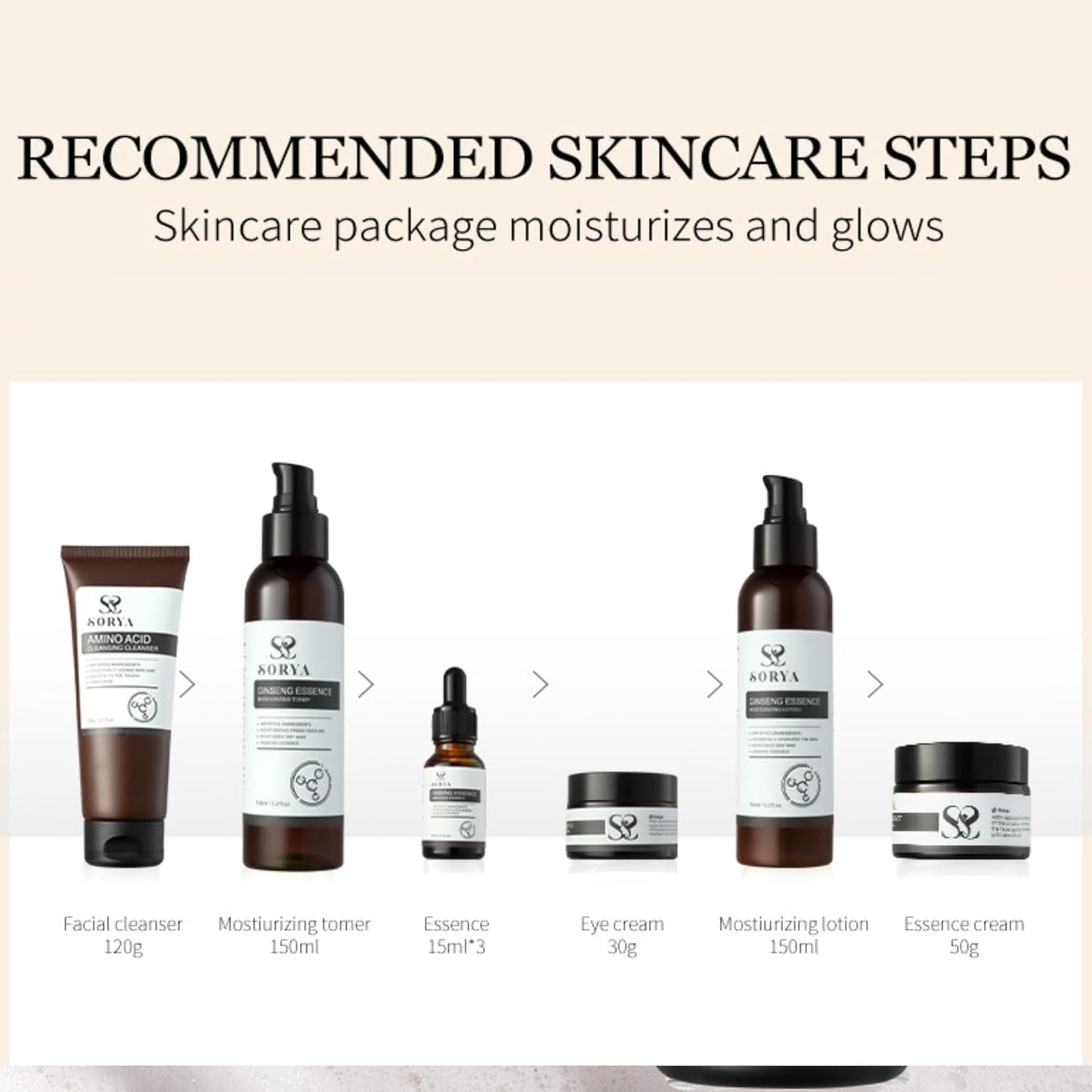 Korean Red Ginseng Skin Care Set of 8 Anti-Aging Skincare Routine Serum, Toner, Lotion Pore Cleanser, Hydrating Moisturizer For Most Skin Types