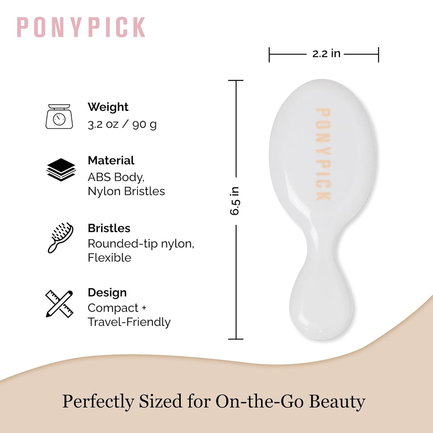 White Mini Hair Brush - Travel size, Compact Hair Brush for Wet & Dry Hair - On-the-go Travel - Easy to Use Hair Detangler Brush