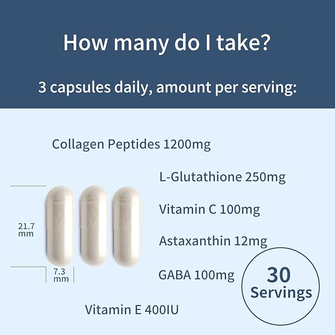 Collagen Peptides L-Glutathione Vitamin C GABA Astaxanthin Vitamin E,Support Skin Health,90 Capsules