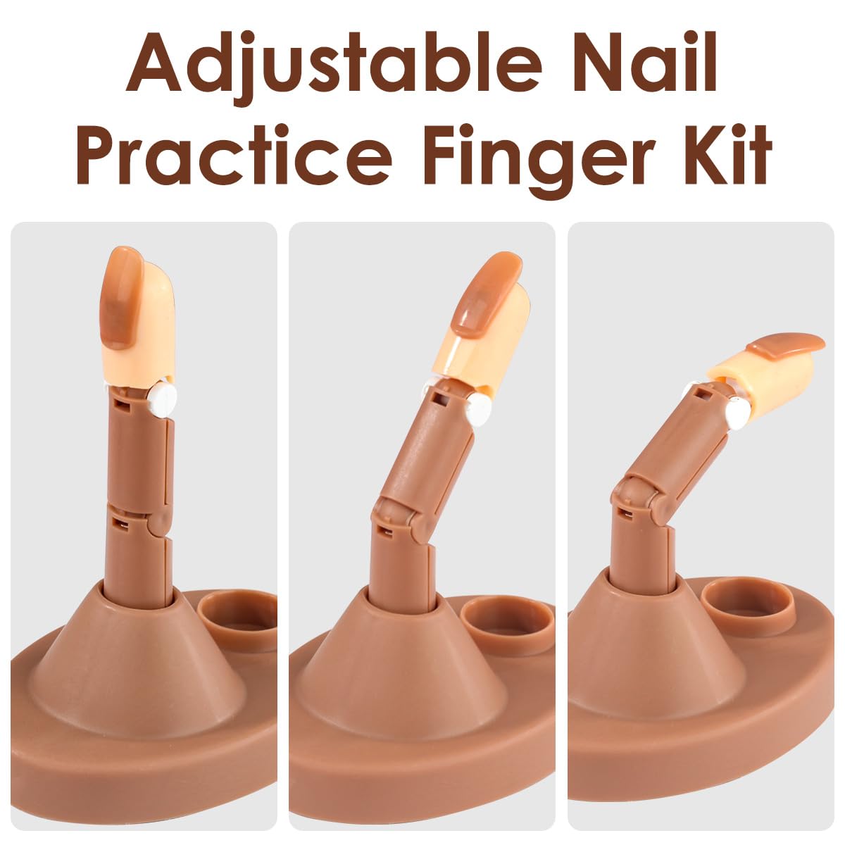 Acrylic Nail Practice Finger Kit, BORNBYME Acrylic Nail Training with 1 Base Stand, 3 Adjustable Fake Fingers, 100 Brown Nail Tips, Movable Training Nail Practice for Nail Beginner…