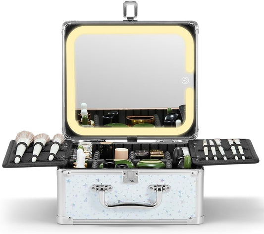 Qislee Makeup Box with A Detachable Lighted Mirror, Waterproof Travel Train Case, Cosmetic Organizer and Makeup Suitcase with Adjustable Dividers, Magnetic LED Mirror(Snow White)