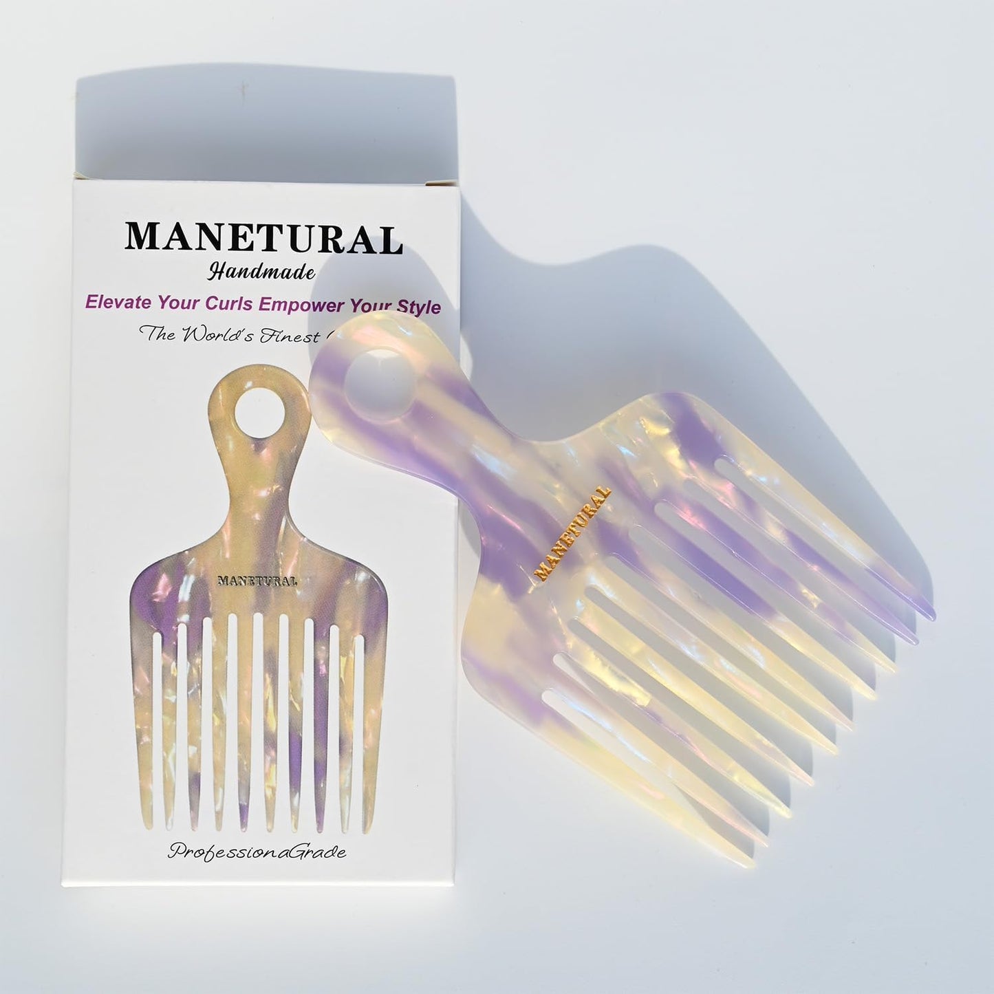 14MX Long-Tooth Comb/Afro Hair Lift Combs for Women's Curls and Men's Beards - Hand-Made, Hand-Crafted Beauty for Effortless Styling (White purple, 2 PACK)