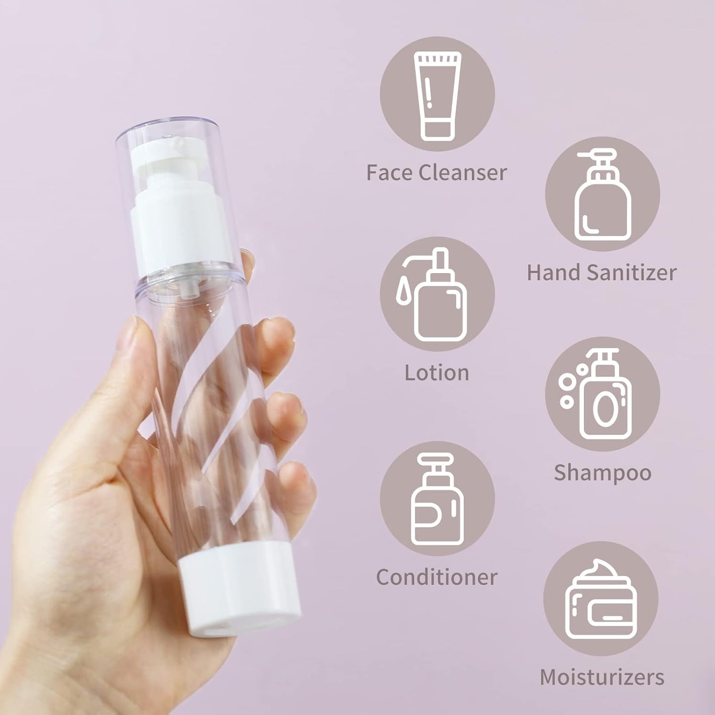 LONGWAY 1.7 Oz 50ml Clear Airless Cosmetic Cream Pump Bottle Travel Size Dispenser Refillable Containers/Foundation Travel Pump Bottle for Shampoo (Pack of 6)