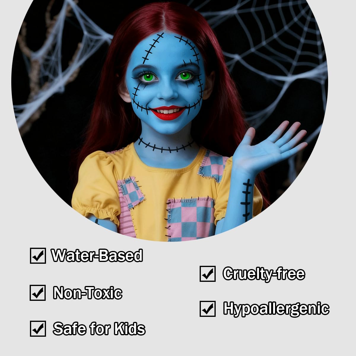 Mysense Sally Makeup Kit,Halloween Corpse Bride costume,Sally Face Cosplay Accessories for Women and Kids,Light Blue Face Paint+Red Double-Ended Lipstick+Black Eyeliner+Sponges