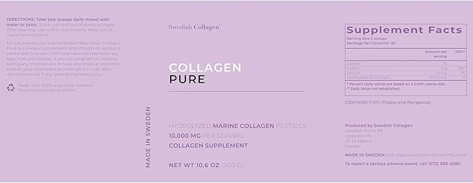 Swedish Collagen - Hydrolyzed Marine Collagen 10,000 mg Powder Supplement - Pack of 300 g, 30 Day Supply | Pure Peptide to Support Healthy Hair, Skin, Nails and Joints I 100% Natural and Gluten Free