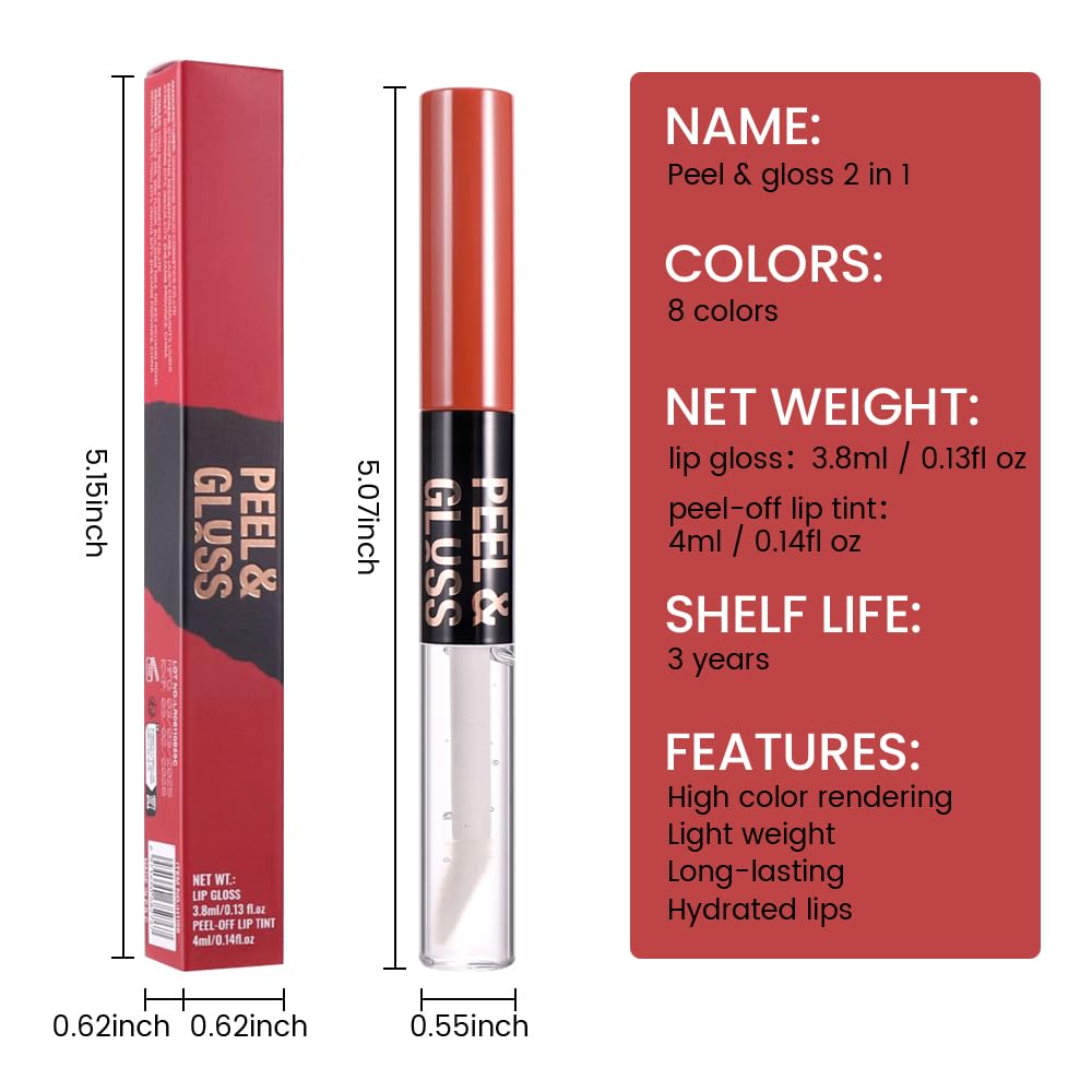 Lip Stain Peel Off Lip Gloss oil Dual-Ended Combo, Deep Berry Lips Liner Stain Peel Off Tattoo, Long Lasting & Waterproof, Transfer-Proof Lip Tint Stain with Lip oil for All Skin Type 08#