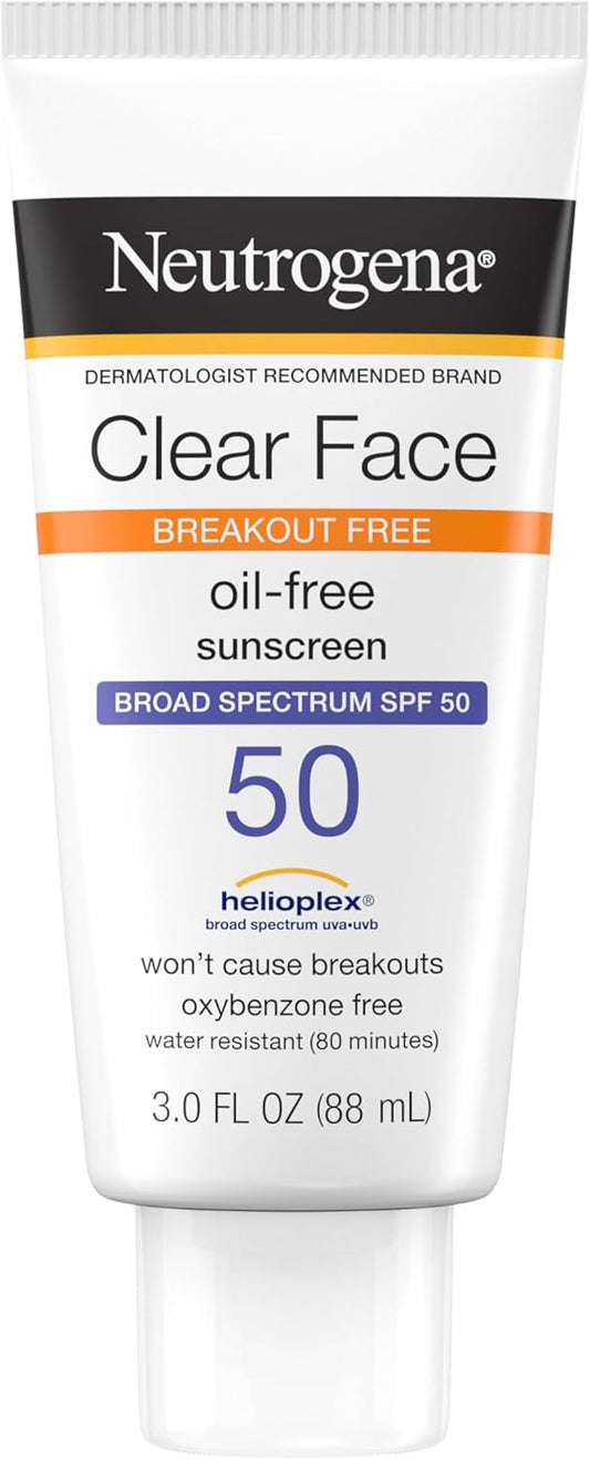 Neutrogena Clear Face Sunscreen Lotion for Acne-Prone Skin, Broad Spectrum SPF 50 Facial Sunscreen for Oily Skin, Oil-, Fragrance- & Oxybenzone-Free Water Resistant Sunscreen, 3 fl. oz