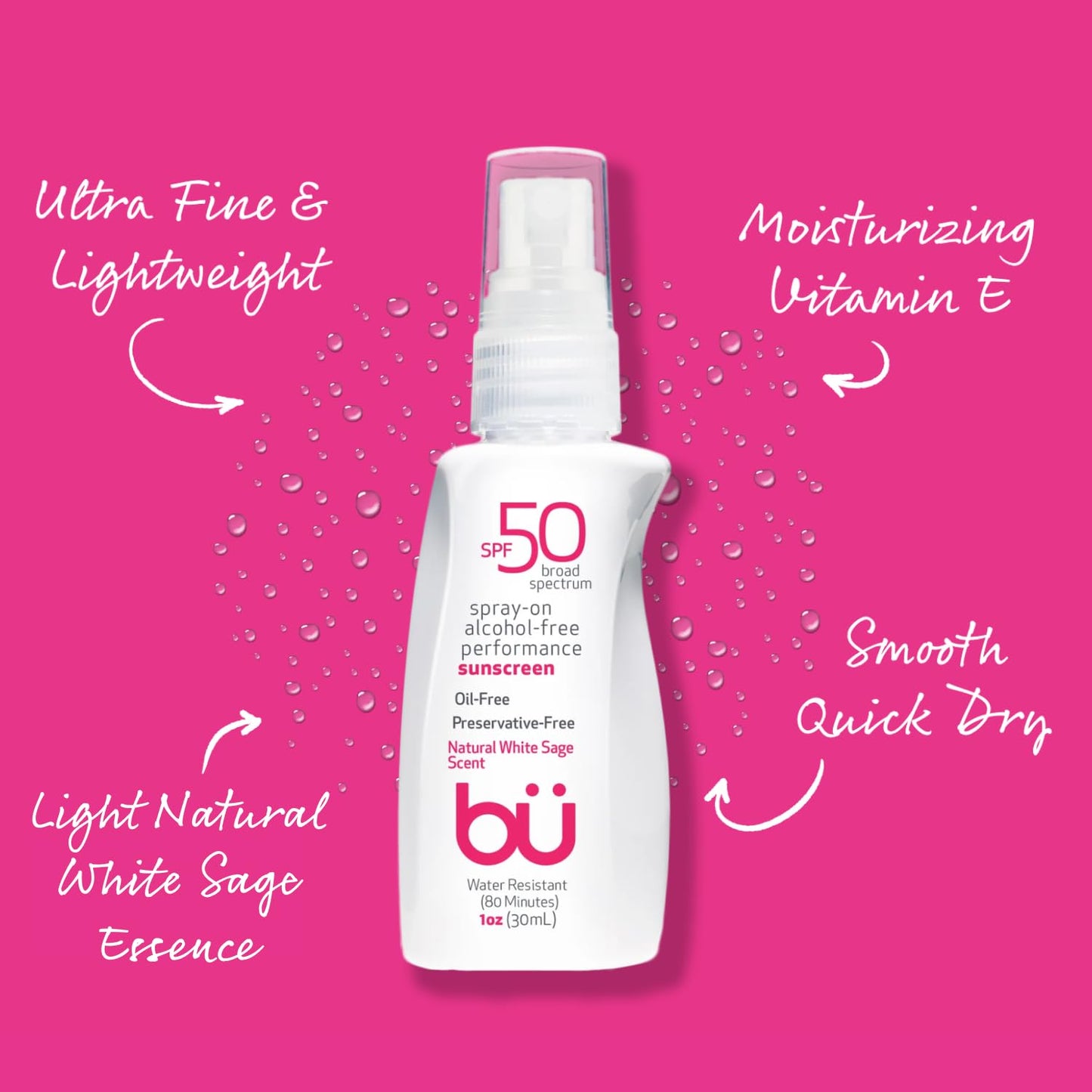 BU SPF 50 Sunscreen Spray for Face and Body, Non Aerosol Spray, TSA Travel Size Sunscreen, Clear, Non Greasy, Water Resistant, White Sage 1 oz (3 Pack)