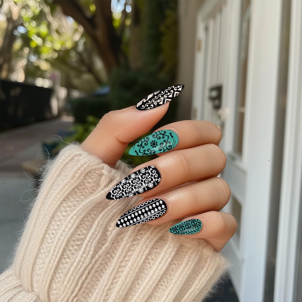 3Pcs Geometric Texture Nail Stamping Plate Set Aztec Retro Pattern Steel Nail Stamp Templates Clear Silicone Nails Stamping with Stamper Scraper for Manicure Printing