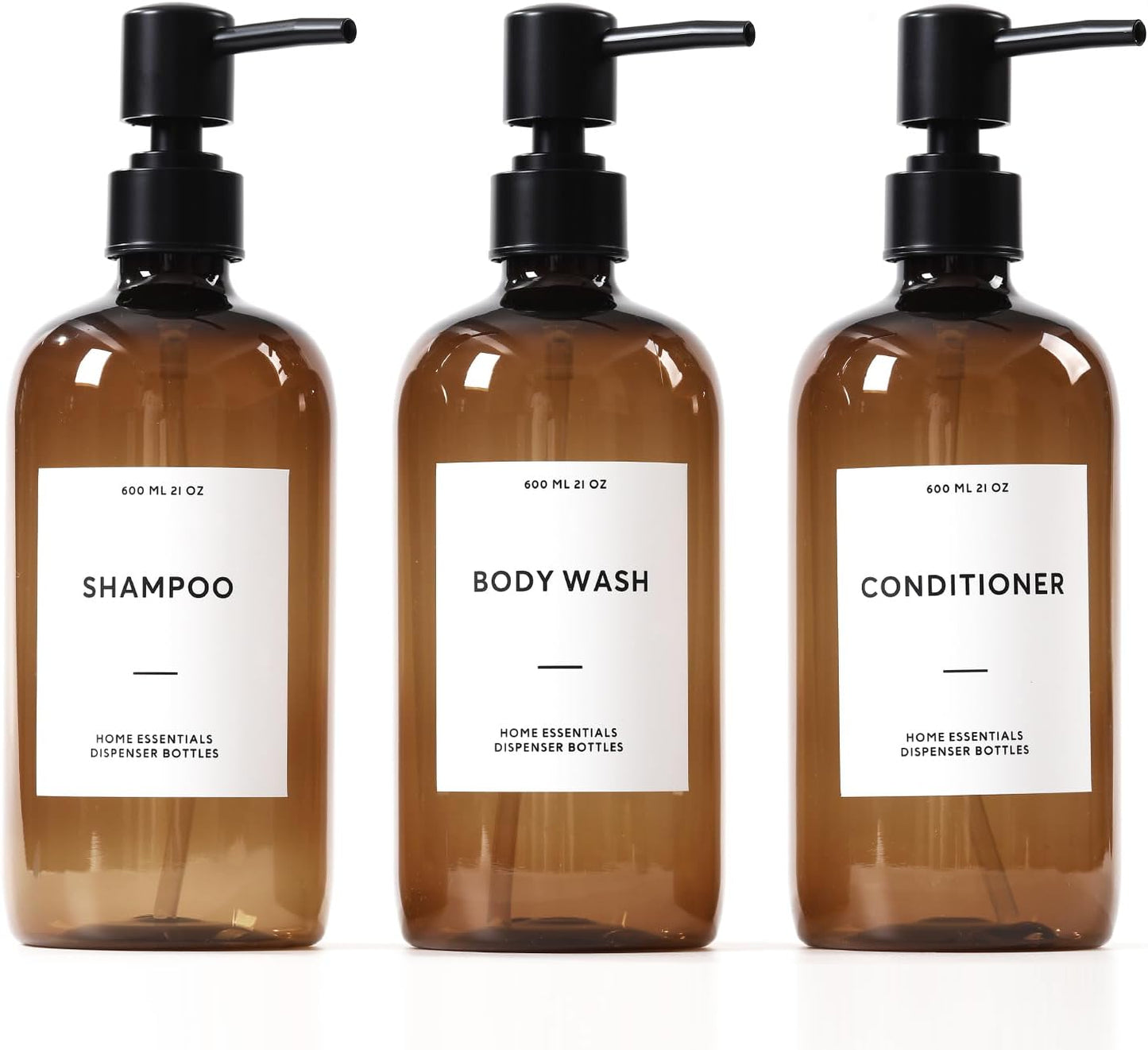 HOMCDALY Shampoo and Conditioner Dispenser, 21oz 3-Pack Refillable Shampoo and Conditioner Bottles, Shower Soap Bottles with Pump and Labels, Bathroom Shower Dispenser（21oz-Brown）