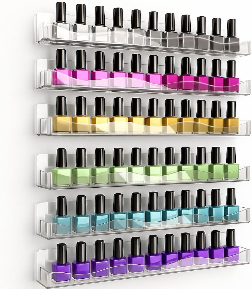 YMVV Clear Acrylic Nail Polish Rack Wall Mounted Shelf,6 Pack Organizer with Unique Wavy Lines,Nail Supplies for Techs,Great Display Salons Retailers