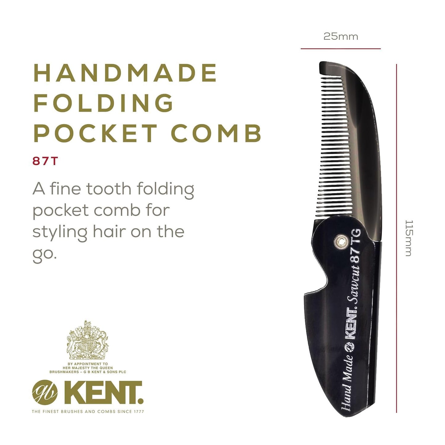 Kent 87T Black Graphite Handmade Folding Pocket Comb for Men, Fine Tooth Hair Comb Straightener for Everyday Grooming Styling Hair, Beard or Mustache, Saw Cut Hand Polished, Made in England (3 Pack)