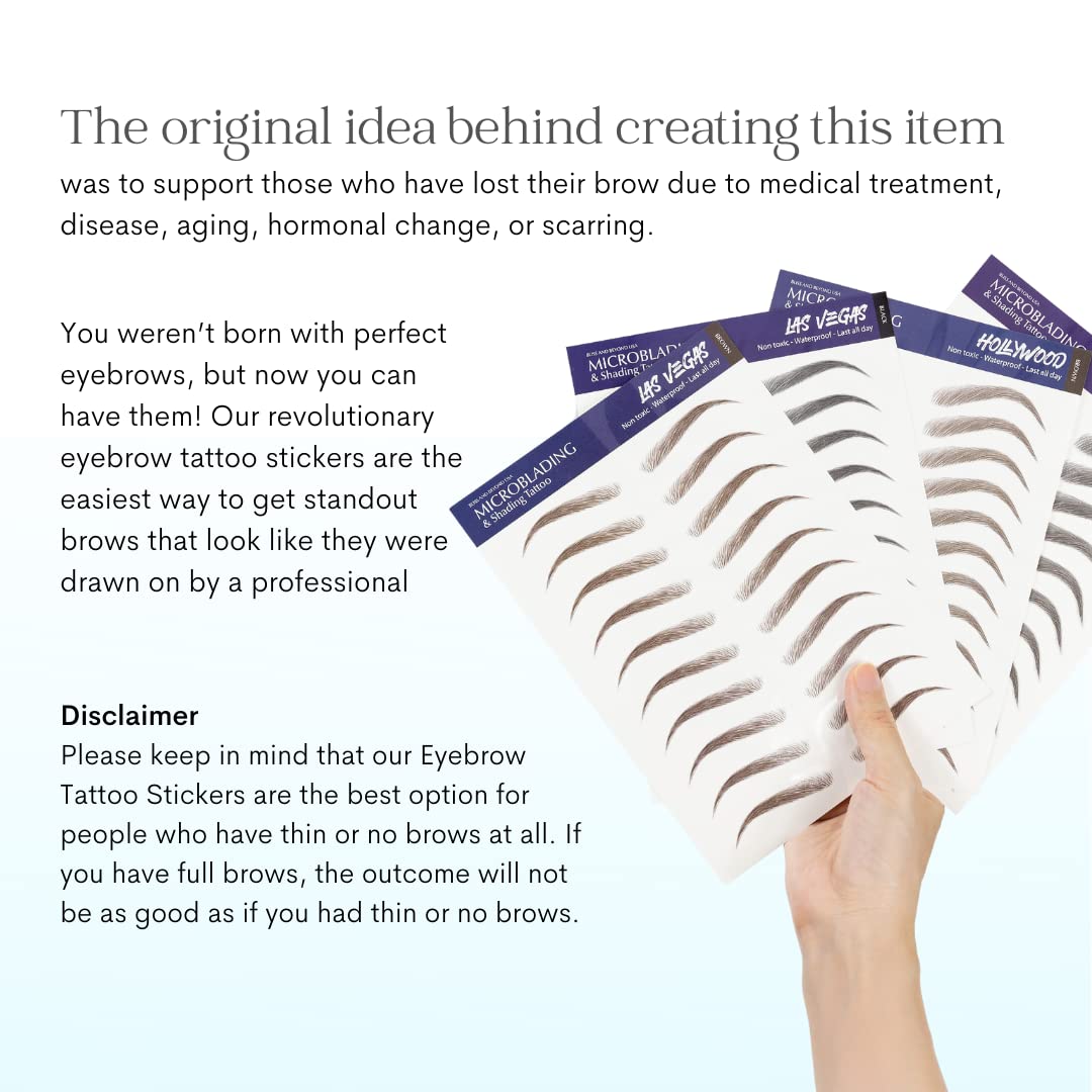 Bliss and Beyond USA, 2 sheets eyebrow tattoo waterproof sticker, Long Lasting, Natural Looking Eyebrow for Alopecia, Chemo, Cancer gift. Same Size eyebrow tattoos (Dramatic Los Angele, Brown)