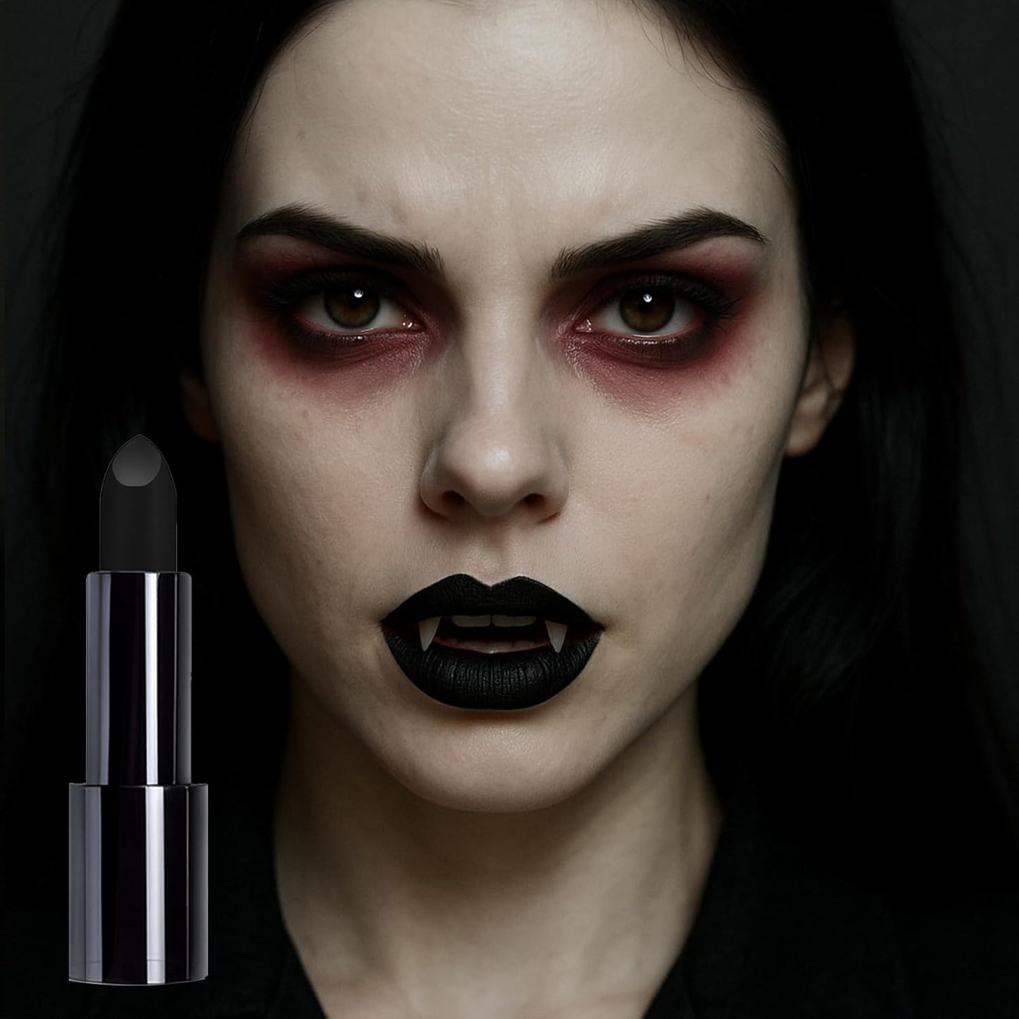 BOBISUKA Halloween Vampire Makeup Kit with Dark Fake Blood, Black Lipstick, 3 Pairs Vampire Teeth, Horror Cosplay Costume Accessories for Halloween, Vampire, Party