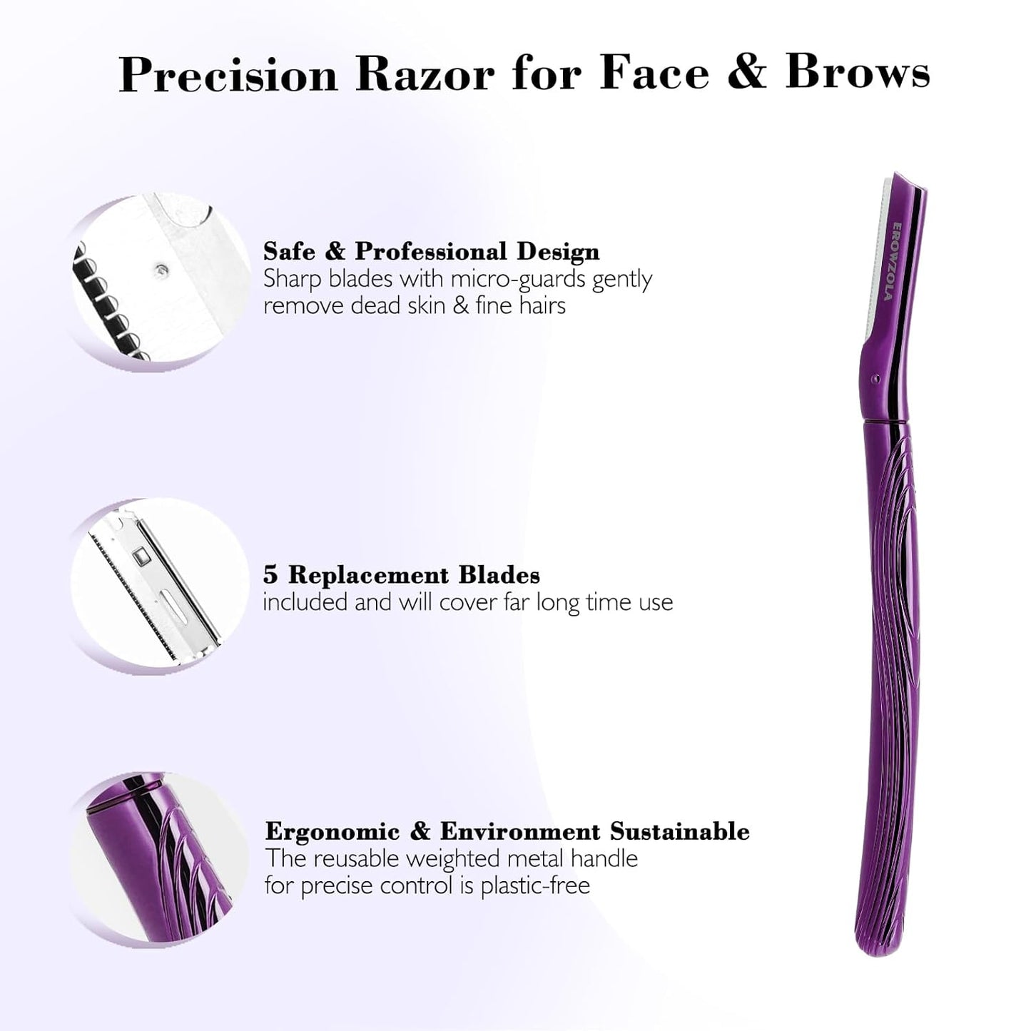 Eyebrow Razor, Face Razors for Women and Men, Reusable Metal Handle with 6 Refill Blades, Eyebrow Trimmer with Precision Cover, Dermaplane Razor, Skin Care Tool, Purple