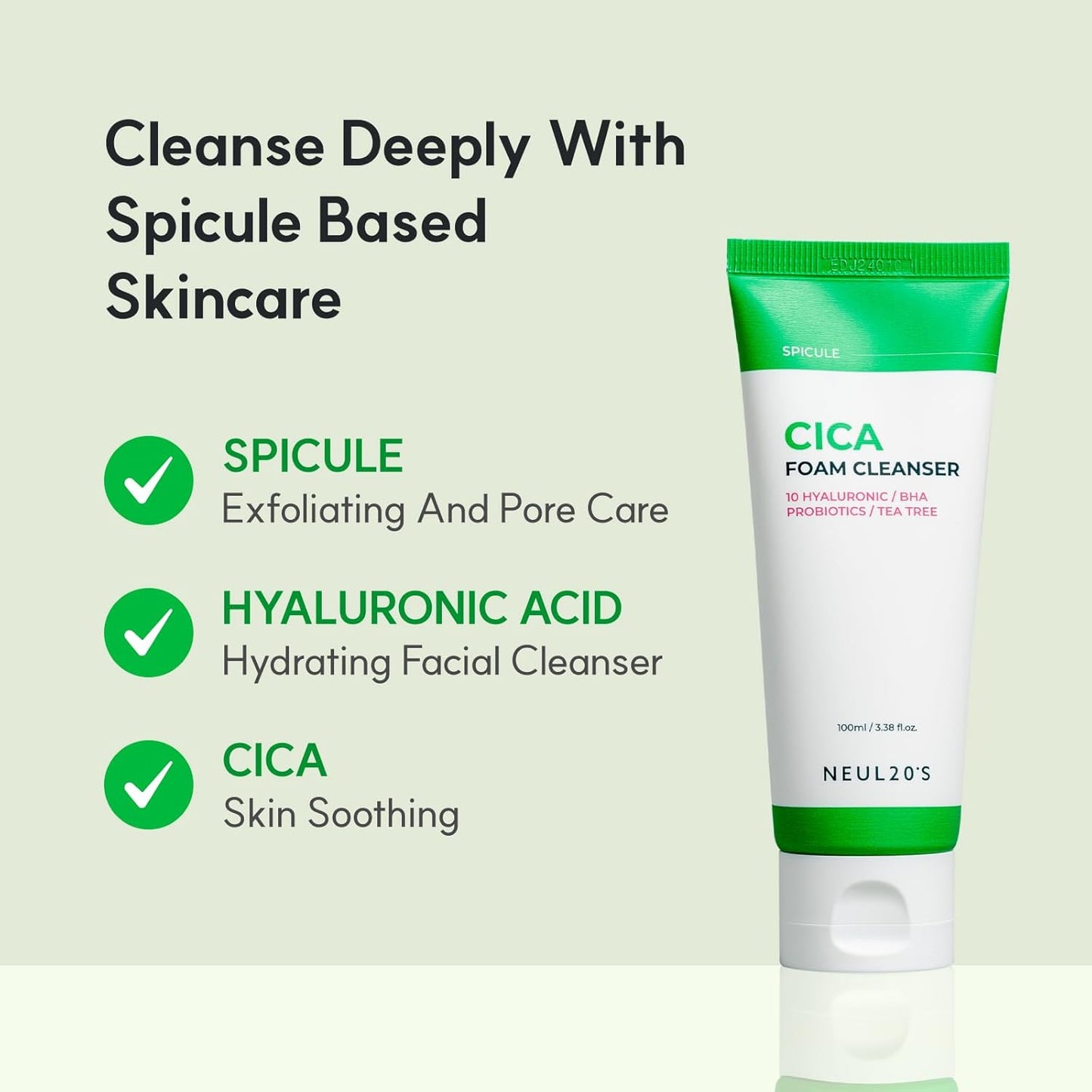Spicule CICA Foam Cleanser, 3.38 fl oz/100ml | Hydrating Korean Face Wash with Centella Asiatica, Hyaluronic Acid & Tea Tree, Gentle Daily Cleanser for Sensitive & Acne-Prone Skin