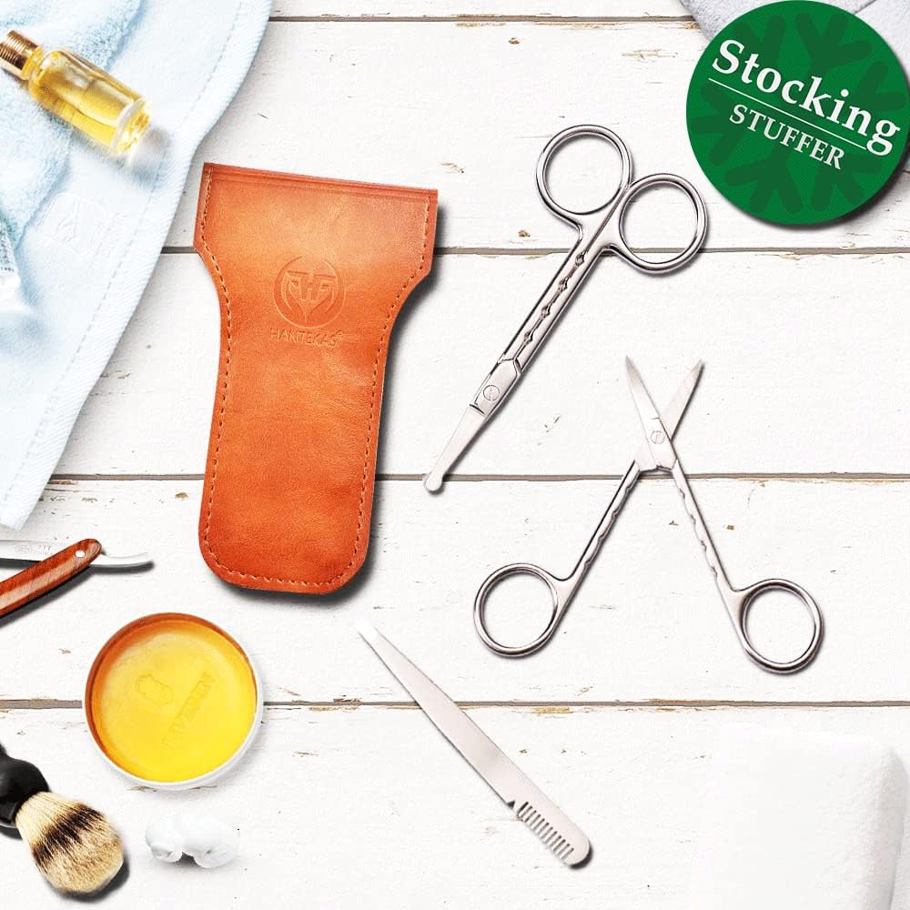 Professional Stainless Steel Curved Rounded Facial Hair Scissors Tweezers Set For Men Moustache, Nose Hair, Beard Trimming Scissors,Safety Use for Eyebrows,Eyelashes,Ear Hair - PU Leather Bag