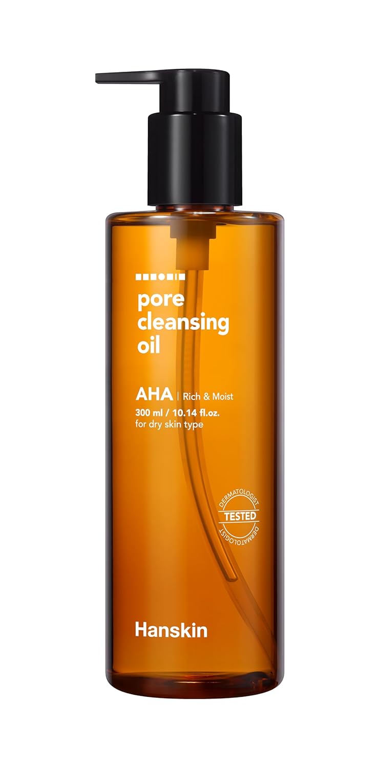 Hanskin AHA Pore Cleansing Oil for Dry Skin, Exfoliating, Waterproof Makeup Sebum Remover Facial Oil Cleanser for Face, Moisturizing for Soft Skin, Korean Skincare [AHA/10.14 oz.]