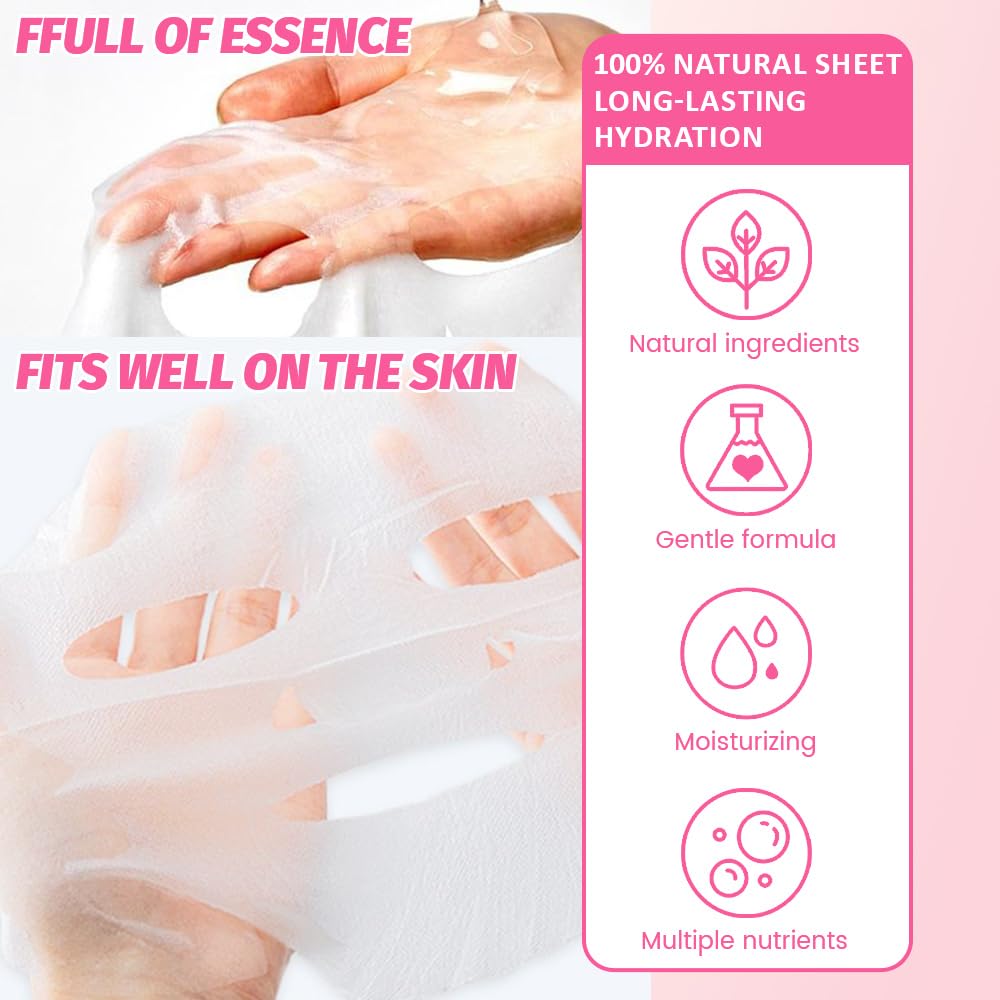 8 Pack Rose Face Sheet Mask Skincare,Hydrating Face Mask For Sensitive Skin,Moisturize,Soothing,Nourish for All Skin Types,Natural Spa Party Facial Mask Skincare Set for Women Men Girls