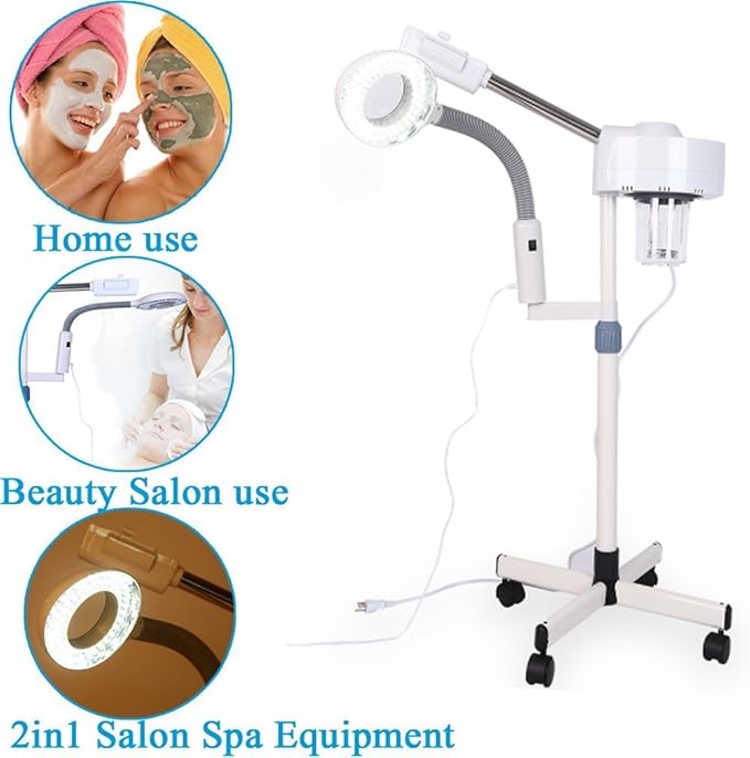 Steamer for Facial Professional Facial Steamer 2 in 1 Multifuncional 5X Magnifying Lamp LED Light Magnifier for Salon Spa Beauty Home, White