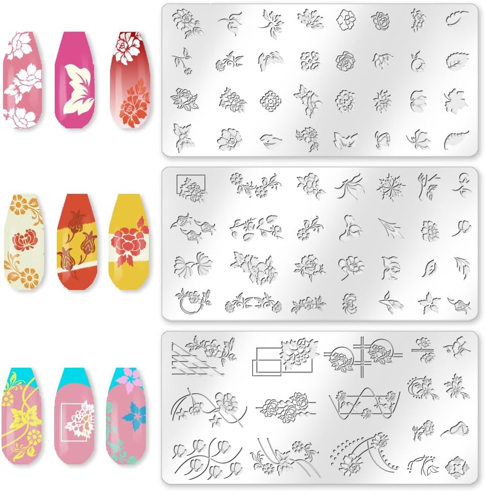 3Pcs Vintage Floral Nail Stamping Plate Set Peony Roses Flower Vine Steel Nail Stamp Templates Clear Silicone Nails Stamping with Stamper Scraper for Manicure Printing