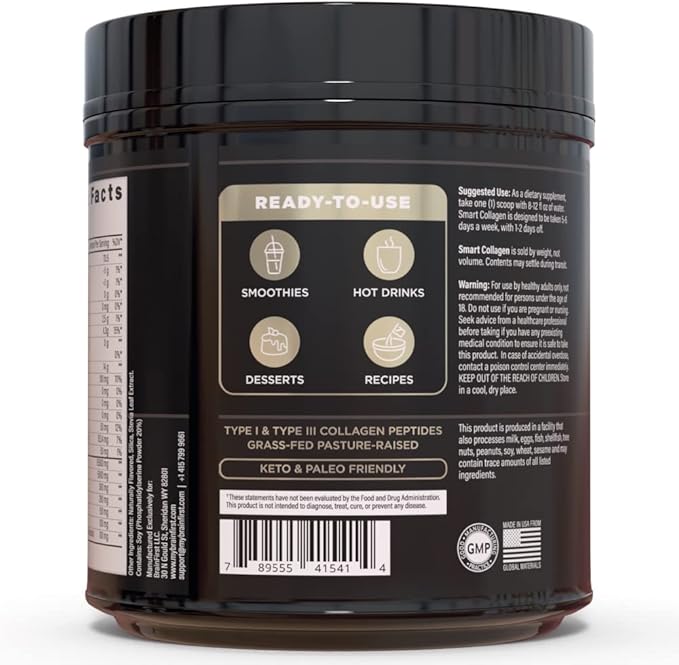 Smart Collagen Protein - Enhanced Grass-Fed, Pasture-Raised Collagen Peptides with Brain Health Blend and Prebiotic Fiber (French Vanilla)