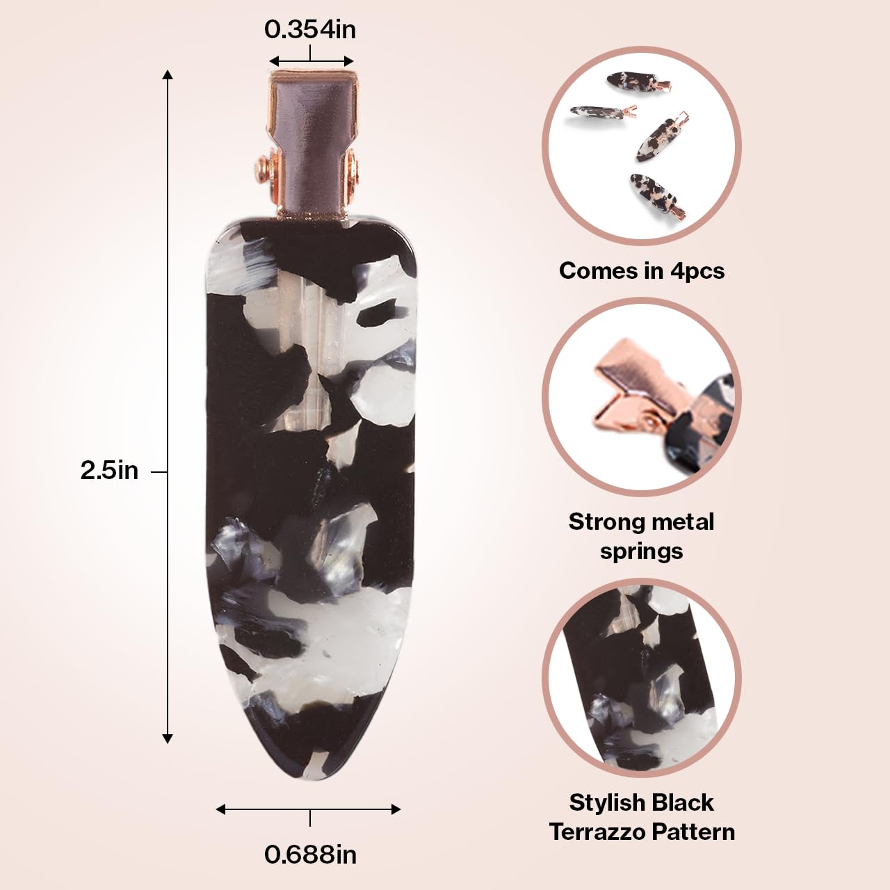 Kitsch Creaseless Hair Clips for Women - No Crease, No Bend Hair Clips for Styling, Bangs, Makeup Application, Face Wash | Recycled Acrylic - Black Terrazzo | Ideal Gifts for Women, 4pcs