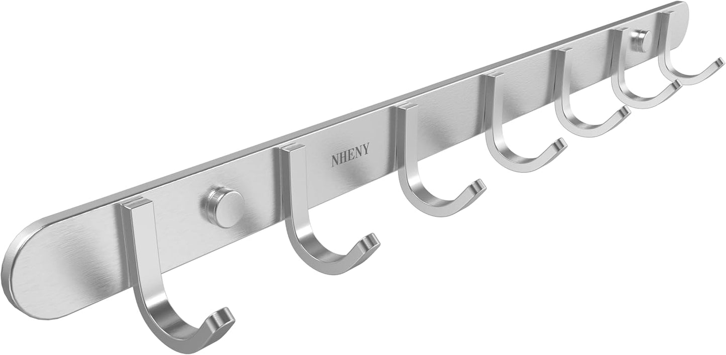 Coat Hook Hanger Wall Mounted 17-Inch Towel Hook Rack with 7 Hooks, Easy Installation Rail for Bedroom, Bathroom, Foyer, Hallway, Office, Rust and Water Proof (Stainless Steel Brushed Nickel)