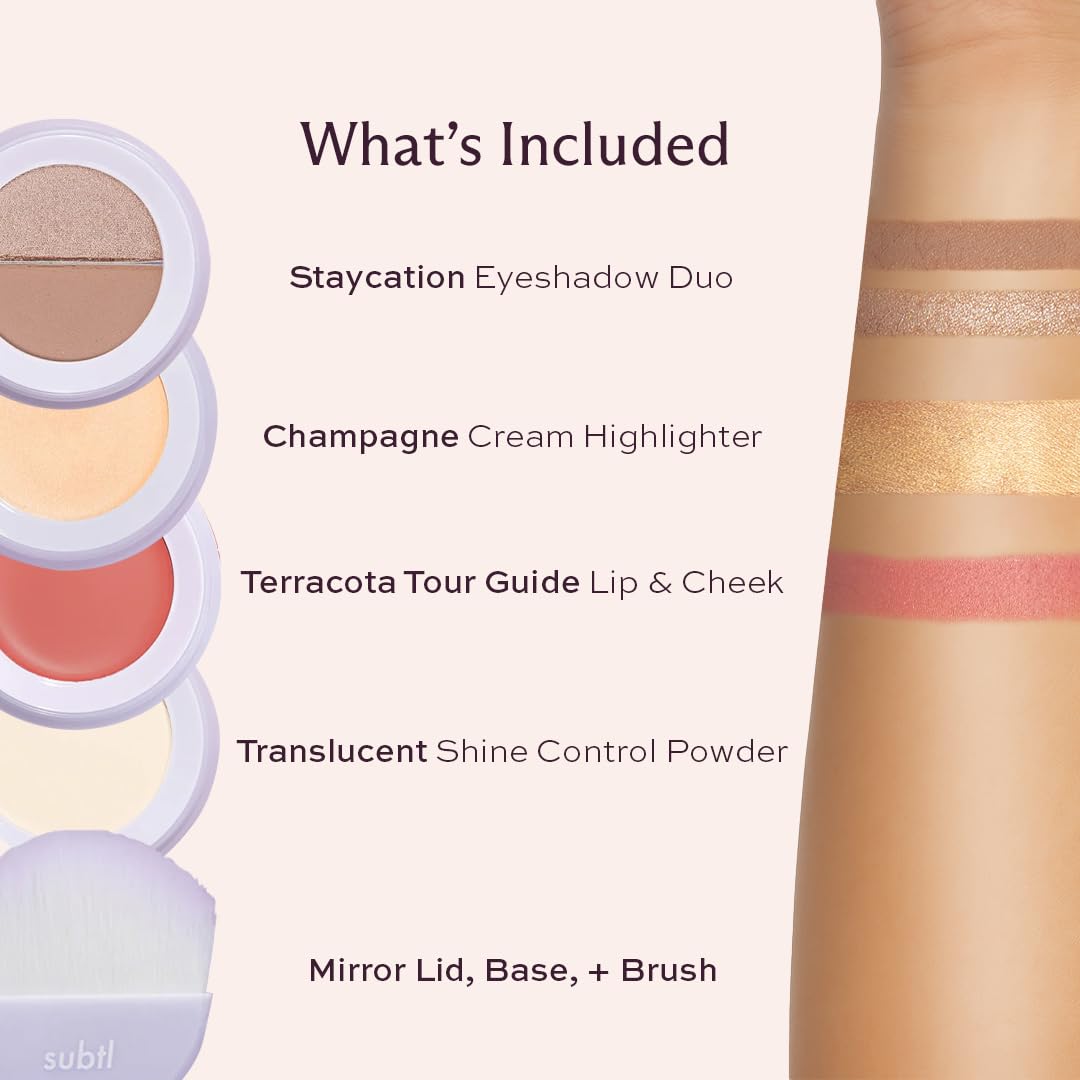 Subtl Staks 4-in-1 Travel Makeup Kit by Subtl Beauty - Eyeshadow Duo, Shine Control Powder, Cream Highlighter, Lip and Cheek - Includes Mirror Lid and Mini Brush - Stackable Makeup Designed for Travel